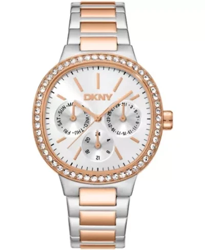 DKNY Women's Silver Dial Crystal Bezel Two-Tone Gold Stainless Steel Bracelet Multifunctional Watch 36mm 30M