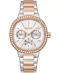 DKNY Women's Silver Dial Crystal Bezel Two-Tone Gold Stainless Steel Bracelet Multifunctional Watch 36mm 30M
