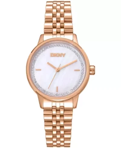 DKNY Women's White MOP Crystal Accented Dial Gold-Tone Stainless Steel Bracelet Watch 30mm 50M