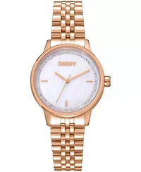 DKNY Women's White MOP Crystal Accented Dial Gold-Tone Stainless Steel Bracelet Watch 30mm 50M