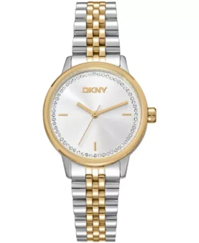 DKNY Women's Silver Crystal Accented Dial Two-Tone Gold Stainless Steel Bracelet Watch 30mm 50M