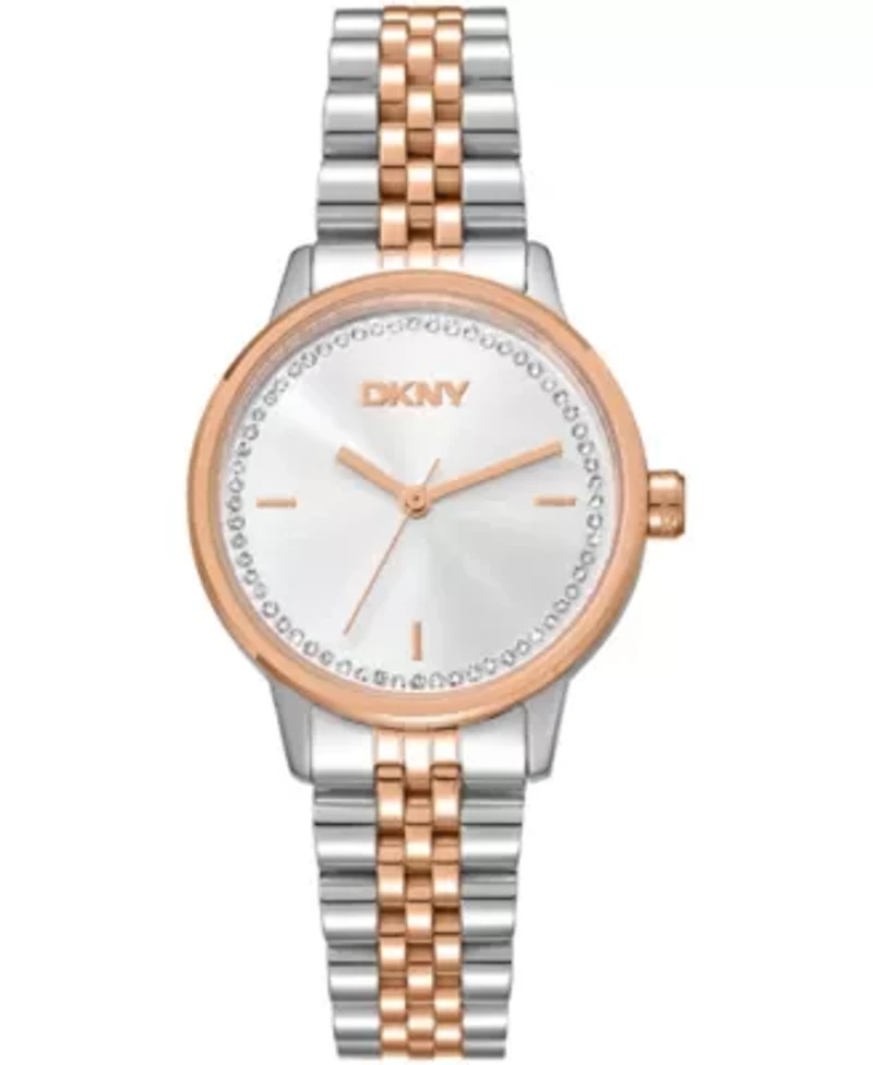 DKNY Women's Silver Crystal Accented Dial Two-Tone Rose Gold Stainless Steel Bracelet Watch 30mm 50M