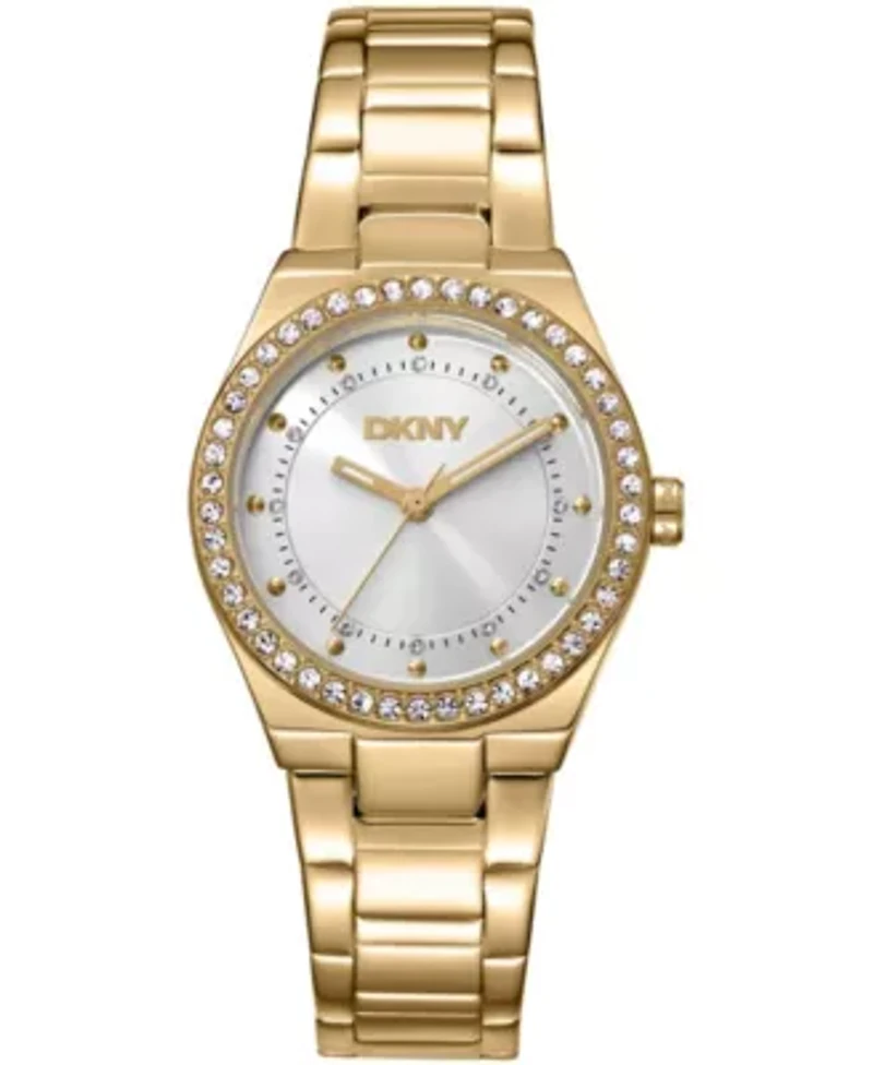 DKNY Women's Silver Dial Crystal Dial Markers Crystal Bezel Gold-Tone Stainless Steel Bracelet Watch 30mm 50M