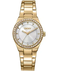 DKNY Women's Silver Dial Crystal Dial Markers Crystal Bezel Gold-Tone Stainless Steel Bracelet Watch 30mm 50M