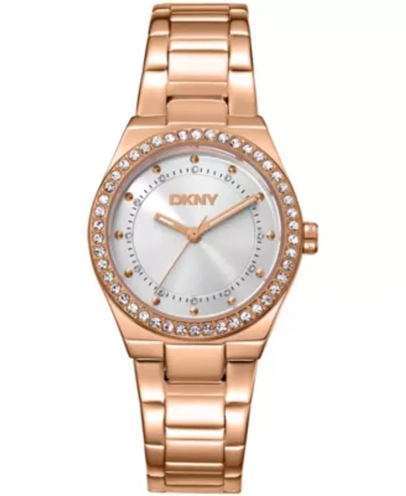 DKNY Women's Silver Dial Crystal Dial Markers Crystal Bezel Rose-Gold Tone Stainless Steel Bracelet Watch 30mm 50M