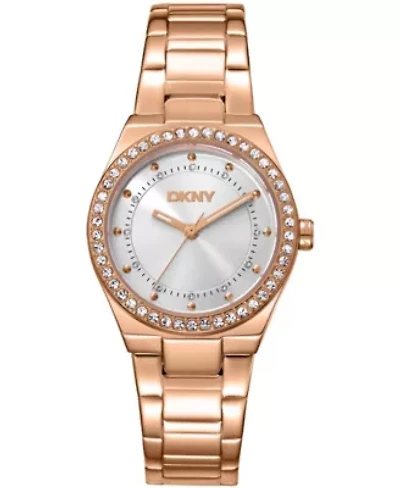 DKNY Women's Silver Dial Crystal Dial Markers Crystal Bezel Rose-Gold Tone Stainless Steel Bracelet Watch 30mm 50M