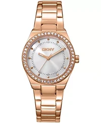 DKNY Women's Silver Dial Crystal Dial Markers Crystal Bezel Rose-Gold Tone Stainless Steel Bracelet Watch 30mm 50M