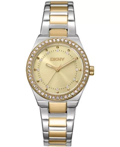 DKNY Women's Crystal Dial Markers Crystal Bezel Two-Tone Gold Stainless Steel Bracelet Watch 30mm 50M