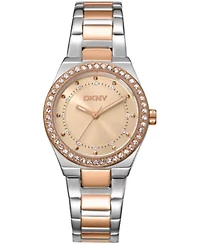 DKNY Women's Rose Gold Dial Crystal Dial Markers Crystal Bezel Two-Tone Red Gold Stainless Steel Bracelet Watch 30mm 50M