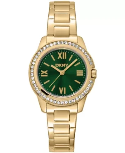 DKNY Women's Green Dial Crystal Bezel Gold-Tone Stainless Steel Bracelet Watch 30mm 50M