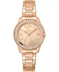DKNY Women's Rose Gold Dial Crystal Bezel Red-Gold Tone Stainless Steel Bracelet Watch 30mm 50M