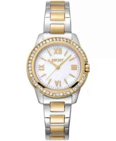 DKNY Women's White MOP Dial Crystal Bezel Two-Tone Gold Stainless Steel Bracelet Watch 30mm 50M