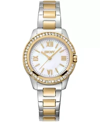 DKNY Women's White MOP Dial Crystal Bezel Two-Tone Gold Stainless Steel Bracelet Watch 30mm 50M