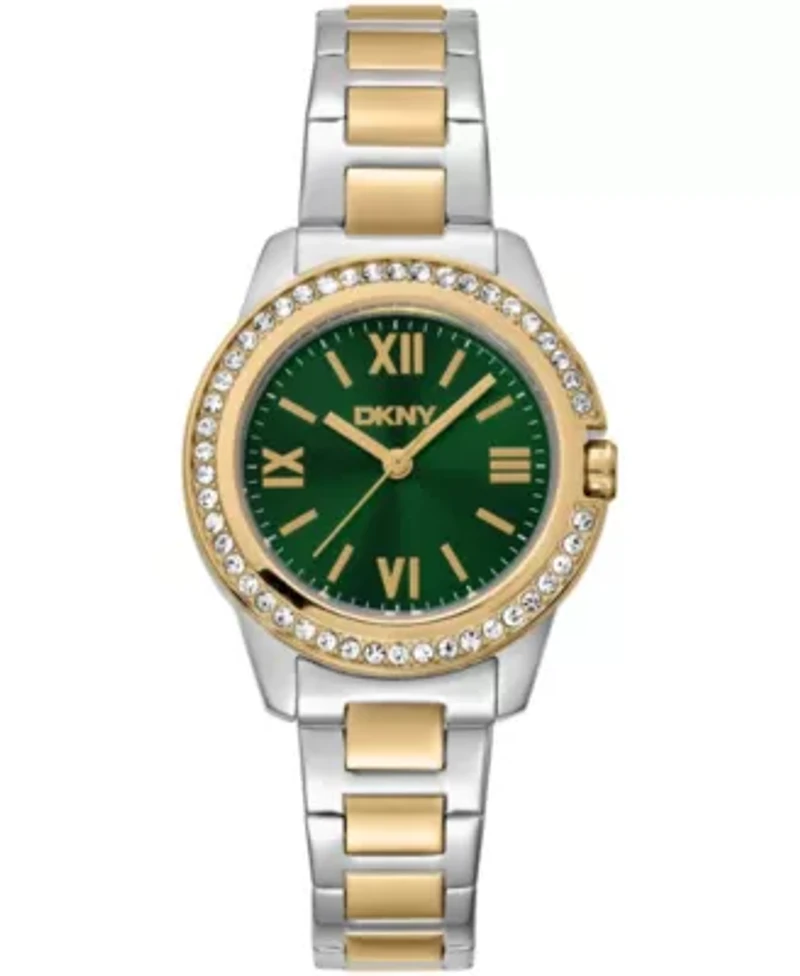 DKNY Women's Green Dial Crystal Bezel Two-Tone Gold Stainless Steel Bracelet Watch 30mm 50M