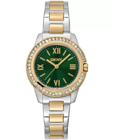 DKNY Women's Green Dial Crystal Bezel Two-Tone Gold Stainless Steel Bracelet Watch 30mm 50M