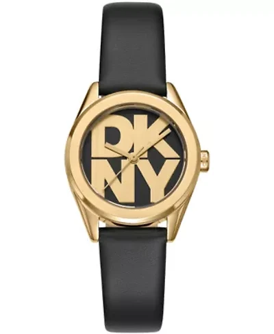 DKNY Women's Logo Black Dial Black Leather Strap & Gold-Tone Stainless Steel Watch 28mm Gift Set
