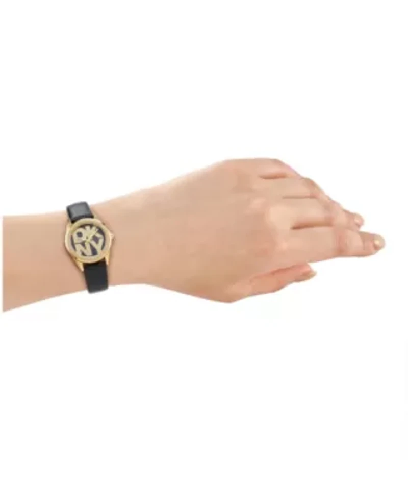 DKNY Women's Logo Black Dial Black Leather Strap & Gold-Tone Stainless Steel Watch 28mm Gift Set