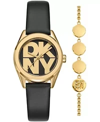 DKNY Women's Logo Black Dial Black Leather Strap & Gold-Tone Stainless Steel Watch 28mm Gift Set