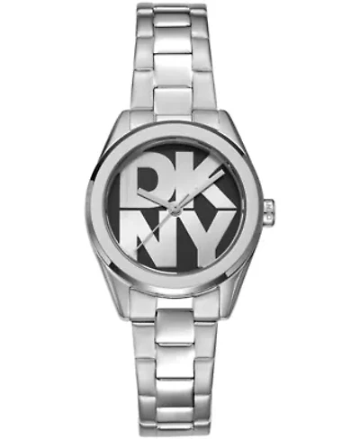 DKNY Women's Logo Black Dial Stainless Steel Bracelet Watch 28mm Gift Set