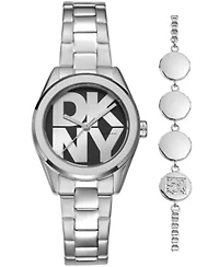 DKNY Women's Logo Black Dial Stainless Steel Bracelet Watch 28mm Gift Set