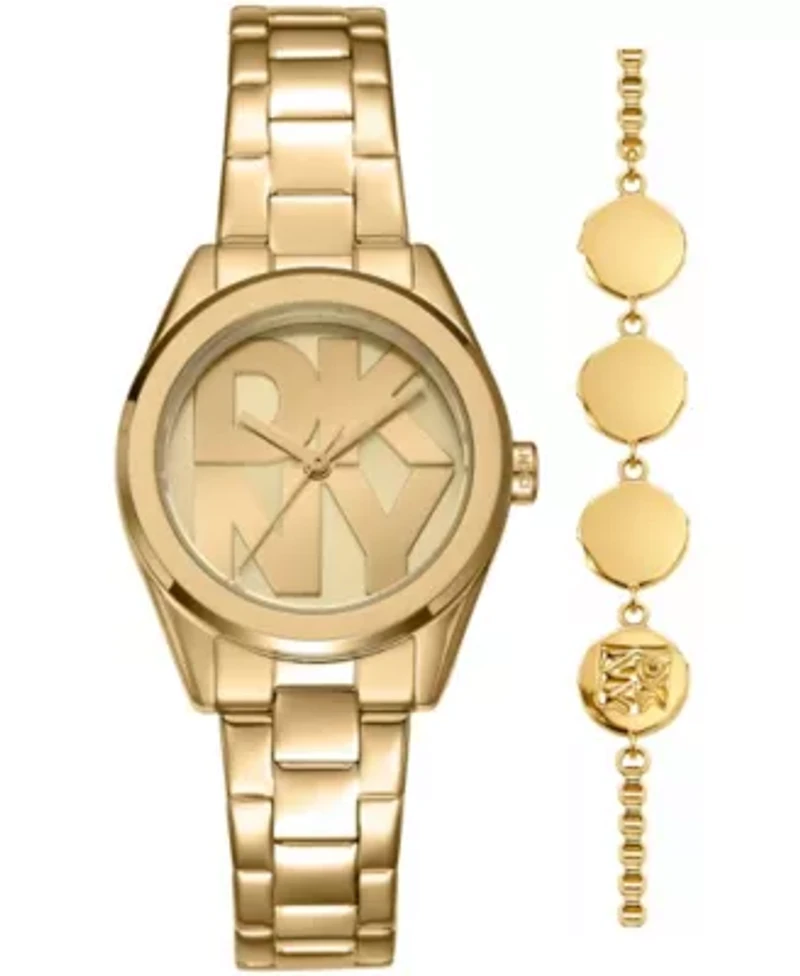 DKNY Women's Logo Champagne Dial Gold-Tone Stainless Steel Bracelet Watch 28mm Gift Set