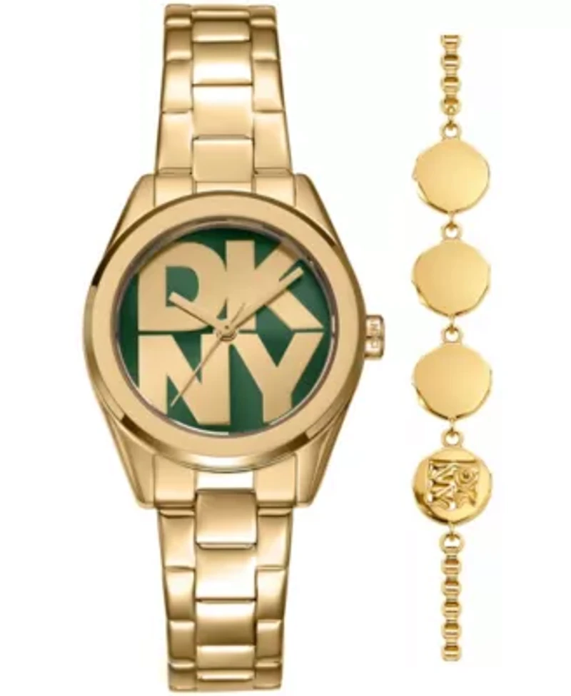 DKNY Women's Logo Dark Green Dial Gold-Tone Stainless Steel Bracelet Watch 28mm Gift Set