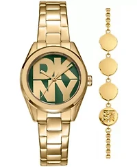 DKNY Women's Logo Dark Green Dial Gold-Tone Stainless Steel Bracelet Watch 28mm Gift Set