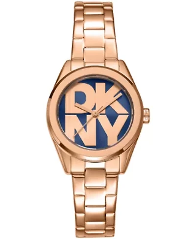 DKNY Women's Logo Dark Blue Dial Rose Gold-Tone Stainless Steel Bracelet Watch 28mm Gift Set