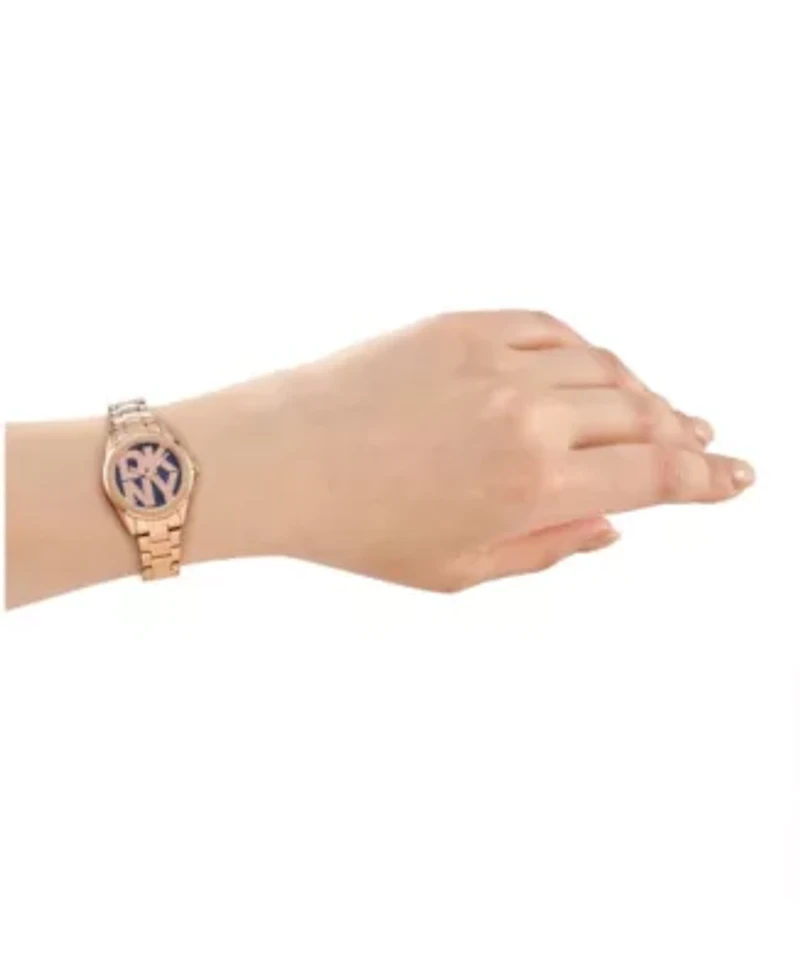 DKNY Women's Logo Dark Blue Dial Rose Gold-Tone Stainless Steel Bracelet Watch 28mm Gift Set