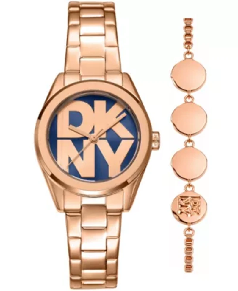 DKNY Women's Logo Dark Blue Dial Rose Gold-Tone Stainless Steel Bracelet Watch 28mm Gift Set