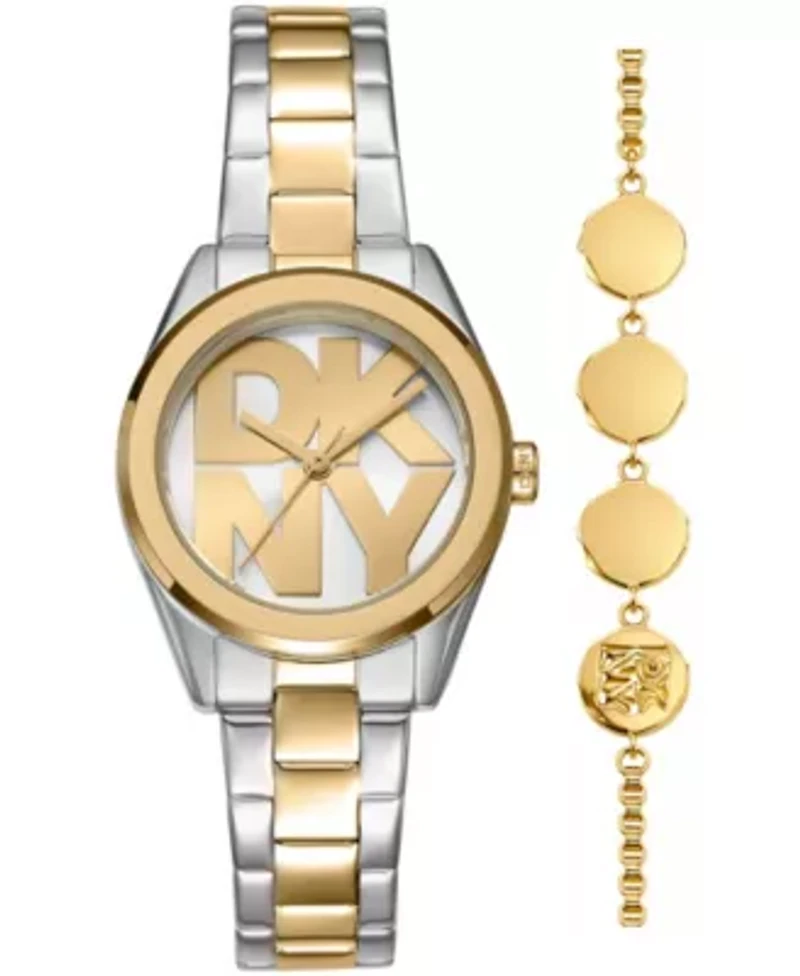 DKNY Women's Logo Silver Dial Two-Tone Stainless Steel Bracelet Watch 28mm Gift Set