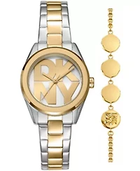 DKNY Women's Logo Silver Dial Two-Tone Stainless Steel Bracelet Watch 28mm Gift Set