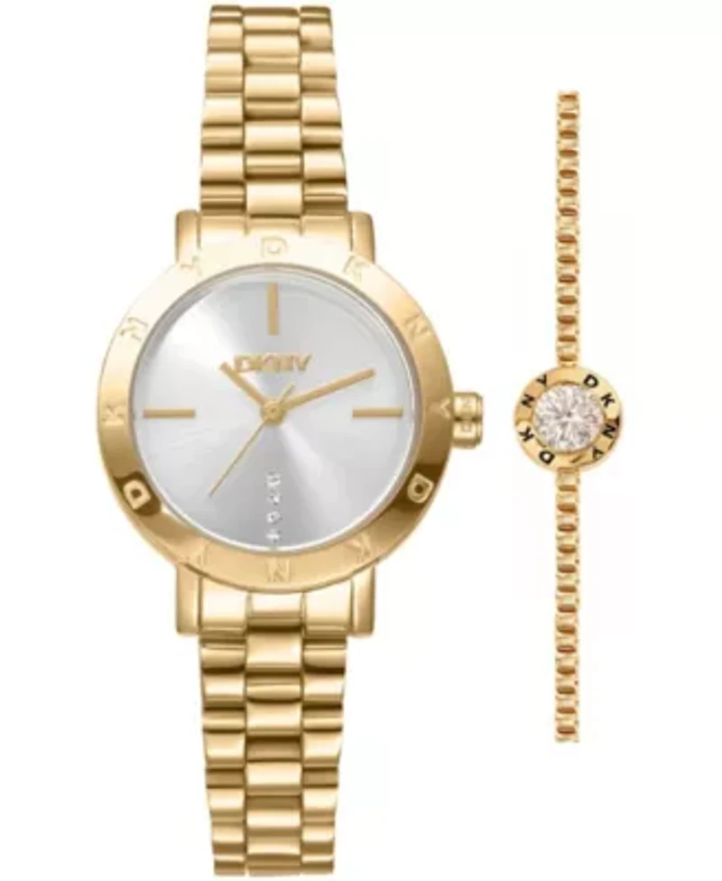 DKNY Women's Essentials Silver Dial Gold-Tone Stainless Steel Bracelet Watch 28mm Gift Set