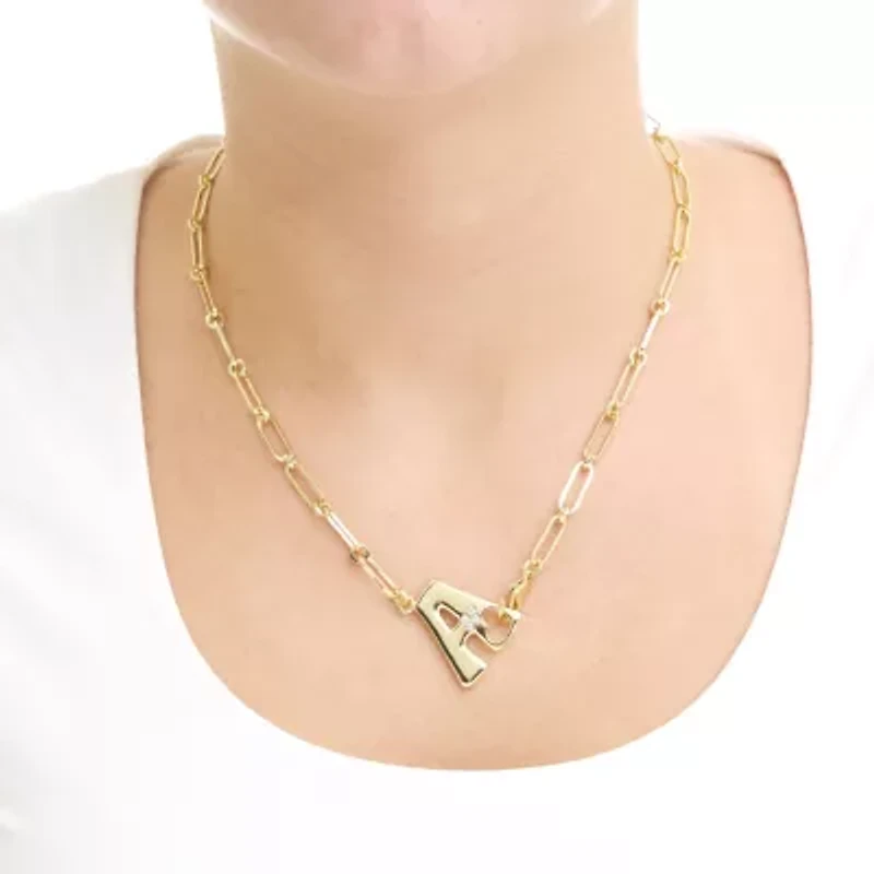 Gold Plated 18" Cubic Zirconia Initial Chunky Chain Necklace