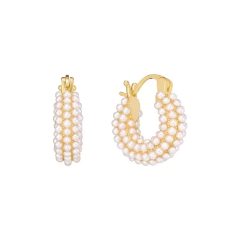 Gold Plated 16mm Cream Beaded Clicktop Hoop Earrings