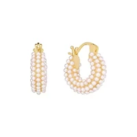 Gold Plated 16mm Cream Beaded Clicktop Hoop Earrings