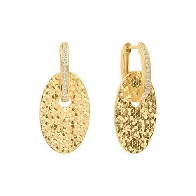 Gold Plated 1.49" Textured Oval Disc Huggie Hoop Earrings