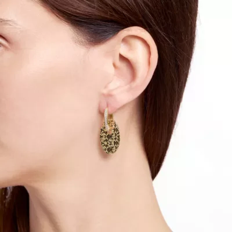 Gold Plated 1.49" Textured Oval Disc Huggie Hoop Earrings