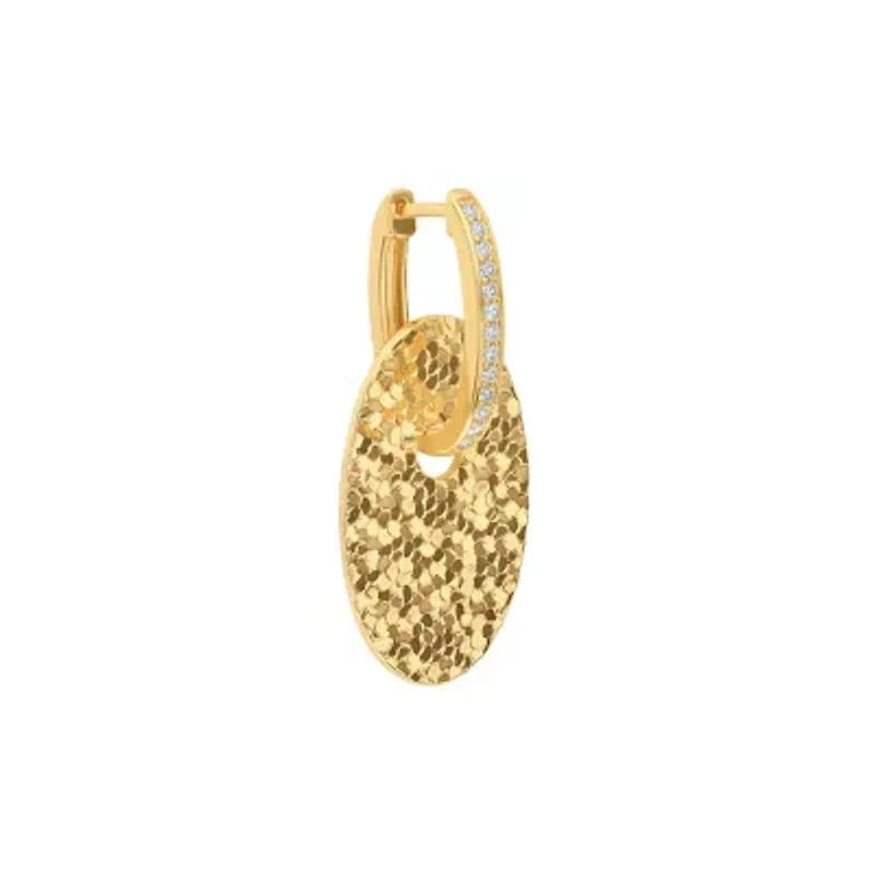 Gold Plated 1.49" Textured Oval Disc Huggie Hoop Earrings
