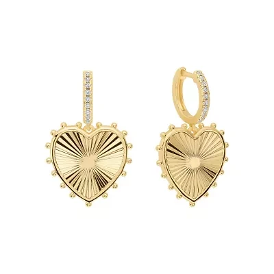 Gold Plated 1.28" Radient Beaded Heart Cubic Zirconia Huggie Hoop Earrings