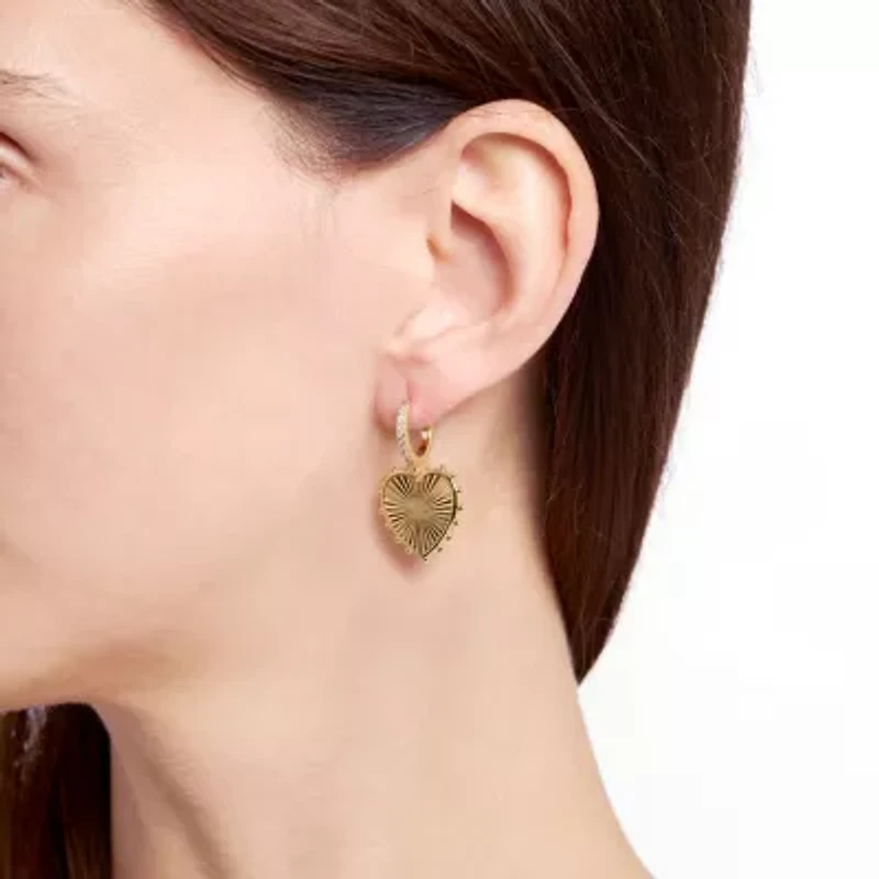 Gold Plated 1.28" Radient Beaded Heart Cubic Zirconia Huggie Hoop Earrings