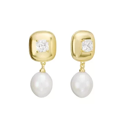 Gold Plated Fresh Water Pearl and Cubic Zirconia Drop Earrings