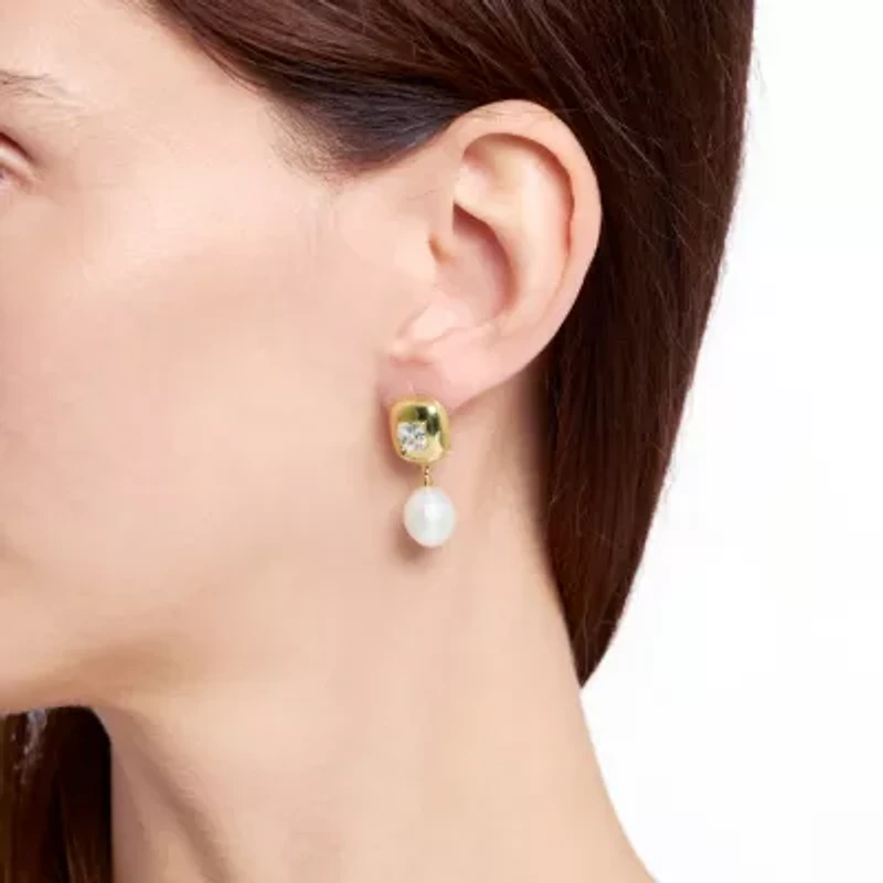 Gold Plated Fresh Water Pearl and Cubic Zirconia Drop Earrings