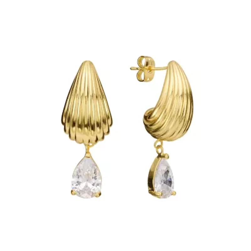 Gold Plated Cubic Zirconia Fluted J-Hoop Earrings