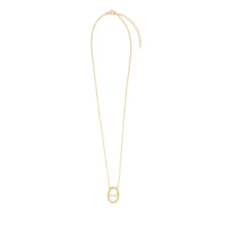 Gold Plated 16" +2" Ribbed Oval Cubic Zirconia Bar Necklace
