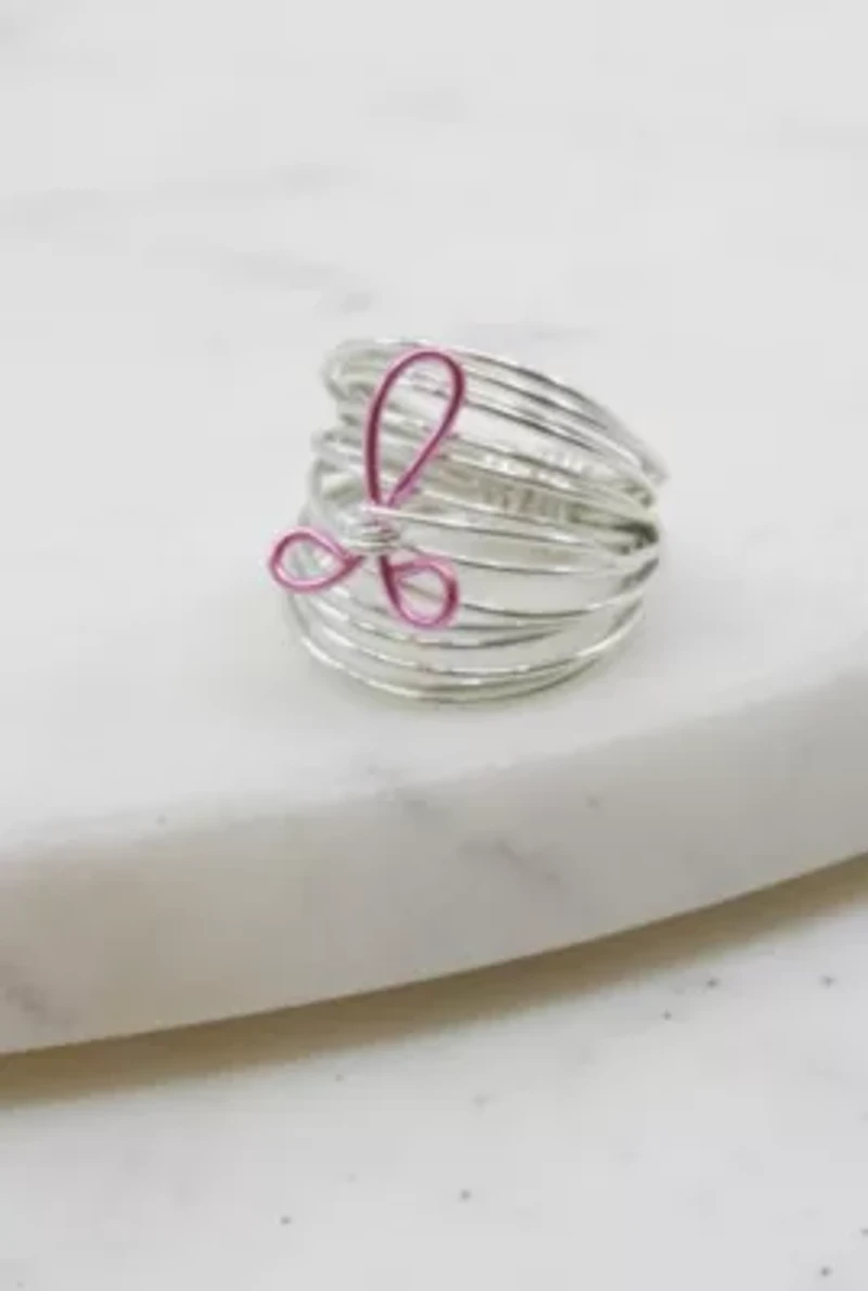 Marcia Wire Wrap Ring Silver With Breast Cancer Ribbon