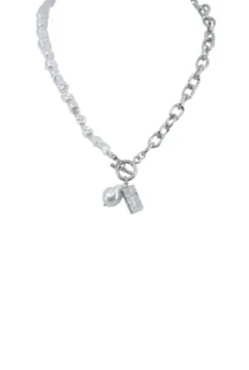 Silver Pearl And Chain Lariat Necklace With Coin Accent