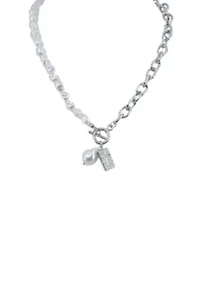 Silver Pearl And Chain Lariat Necklace With Coin Accent