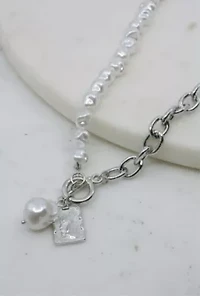 Silver Pearl And Chain Lariat Necklace With Coin Accent