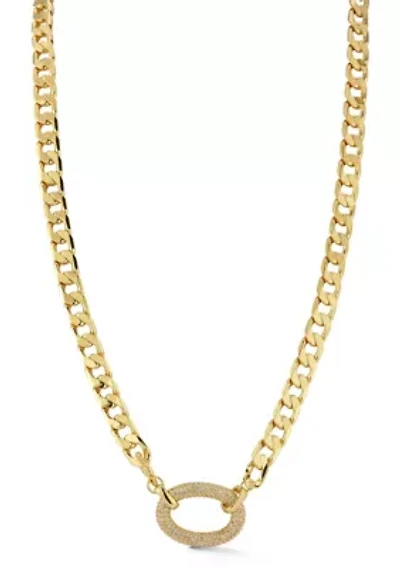 Pave Cubic Zirconia Link Square Curb Chain Necklace